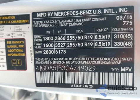 2016 Mercedes-Benz Gle 350 from USA, damaged, VIN 4JGDA5JB3GA749029